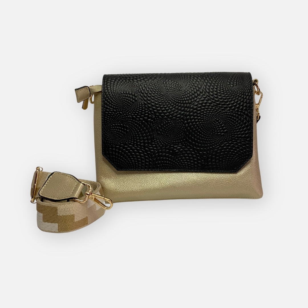 Bolso crossbody Dorado con Solapa Negra – Nahué