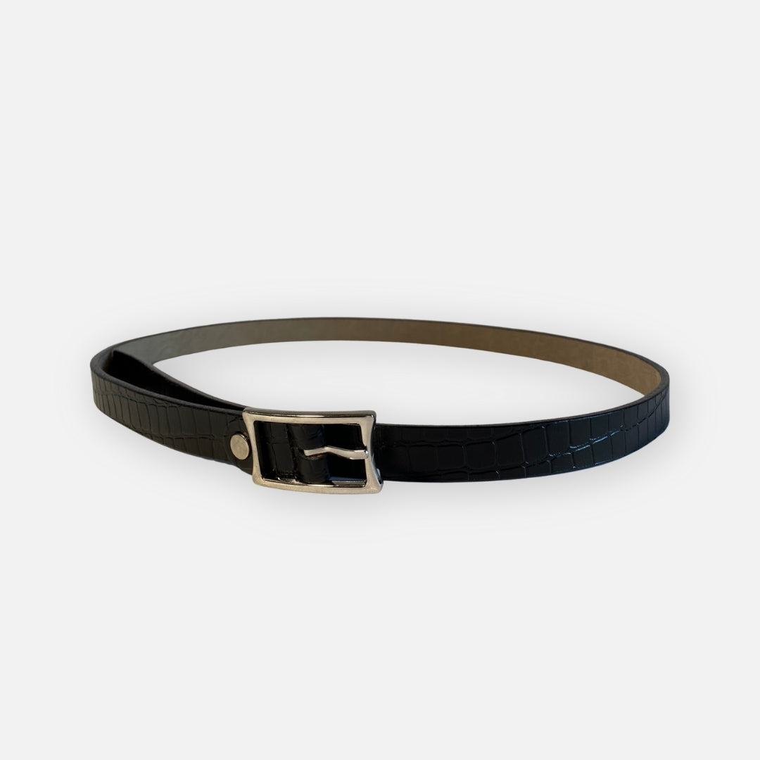 Faja Cuero Negro Textura Croco Hebilla Plateada – Nahué Essentials