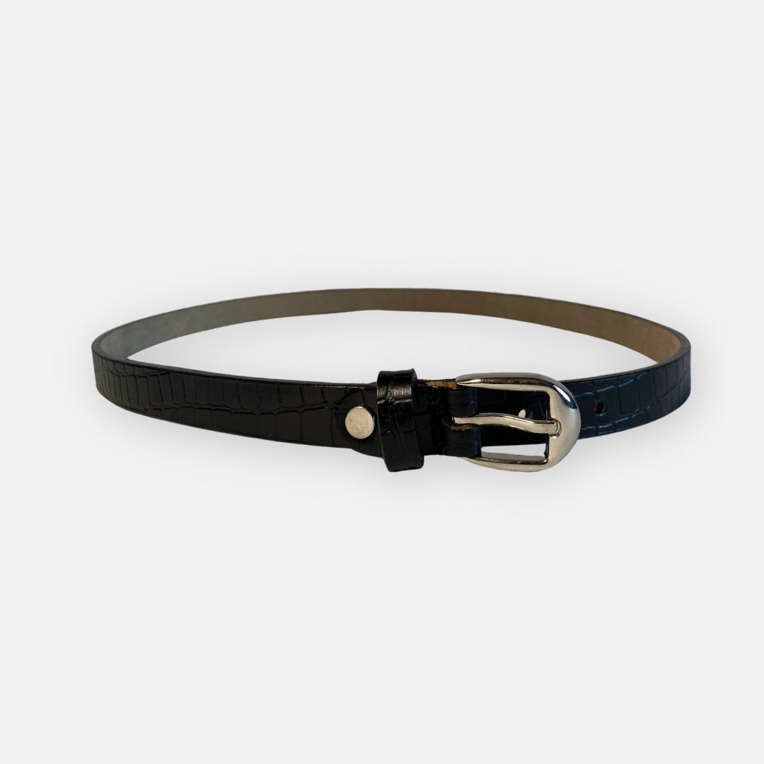 Faja Cuero Negro Textura Cocodrilo Hebilla Plateada – Nahué Essentials